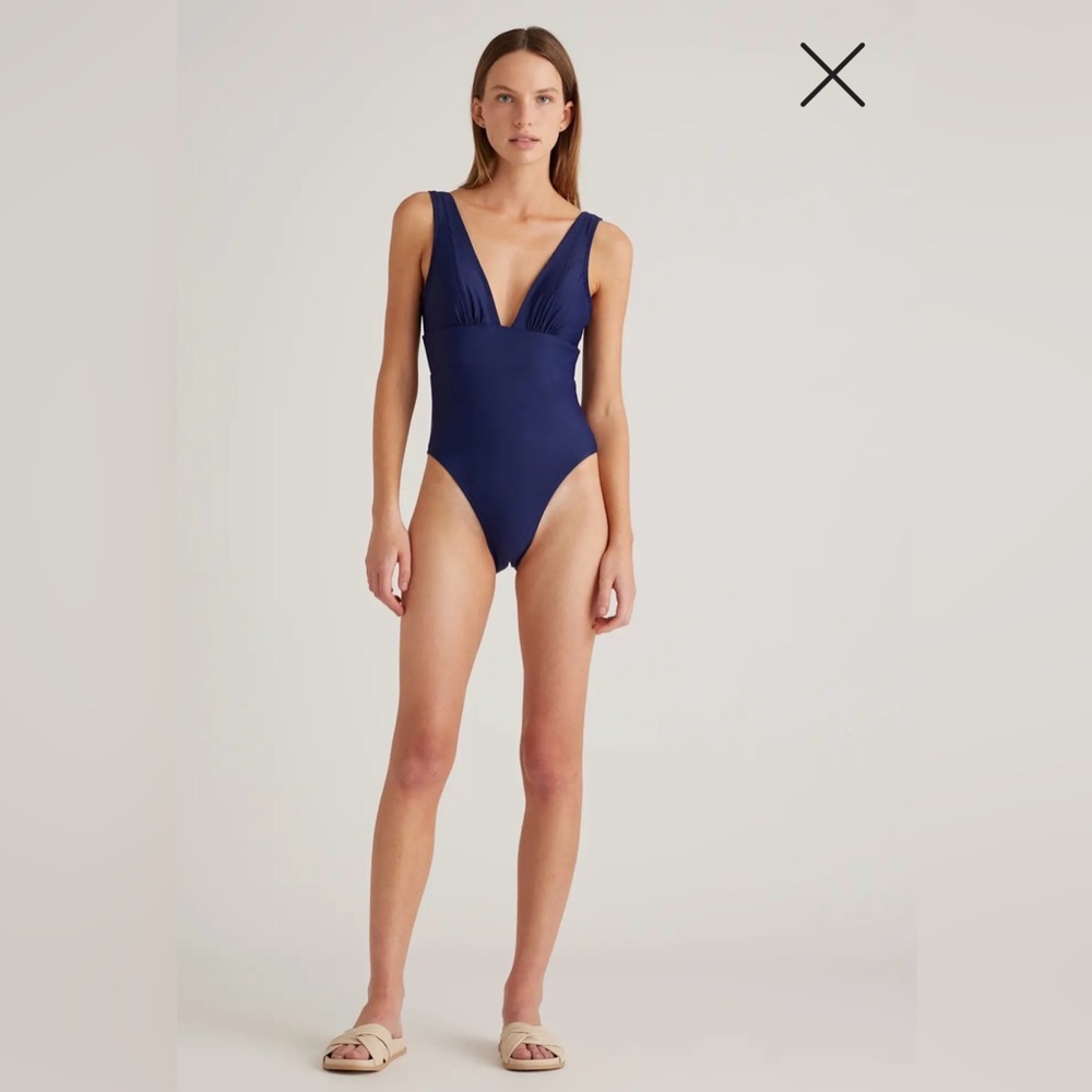 Quince Italian Plunge One-Piece Swimsuit Blue Size Medium
